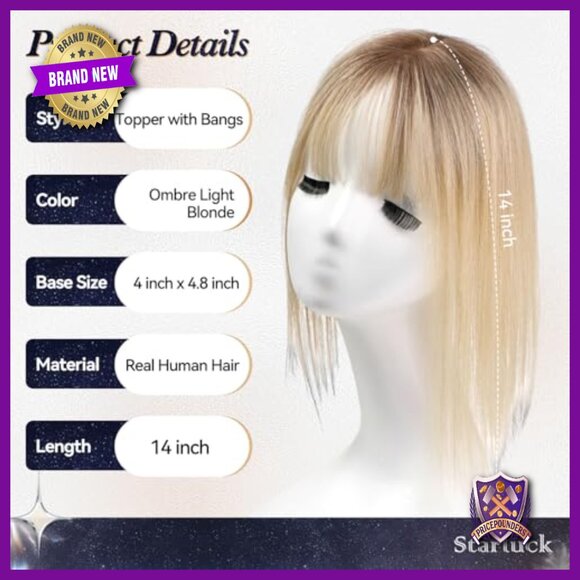 Human Hair Topper with Bangs, Hand-Woven Free Part, 4x4.8 Inch Base main image 4